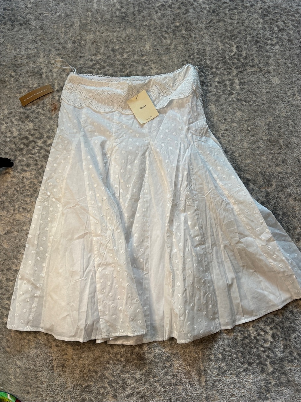 White Eyelet A-Line Midi Skirt with Lace Trim